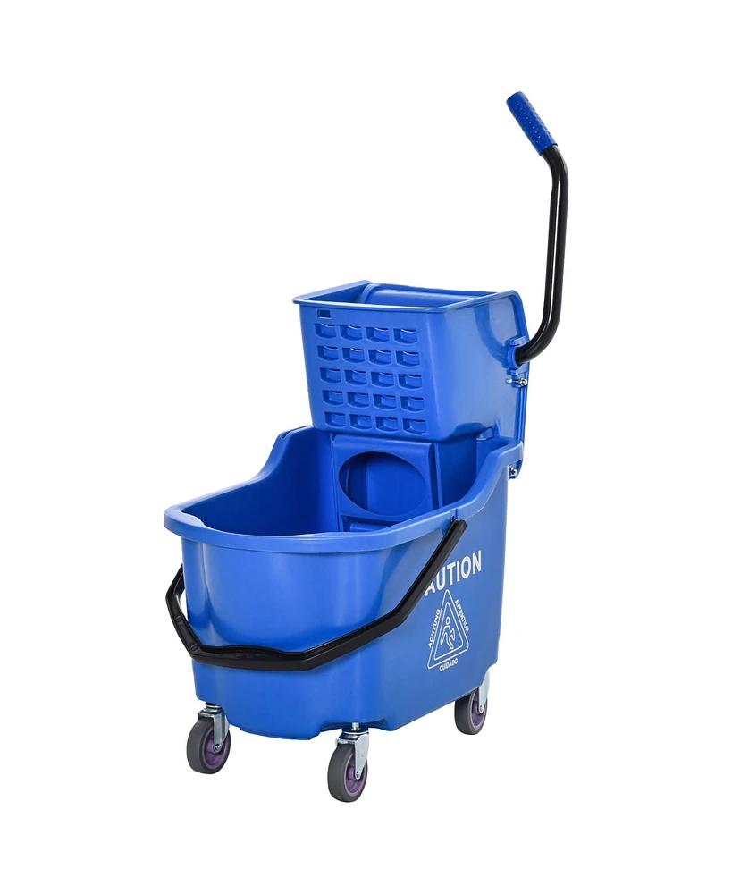 Homcom Residential Mop Bucket with Side Press Wringer and Wheels, Blue