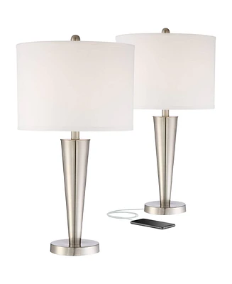 360 Lighting Geoff Modern Table Lamps 26" Tall Set of 2 with Usb Charging Port Brushed Nickel Metal White Drum Shade for Bedroom Living Room House Des