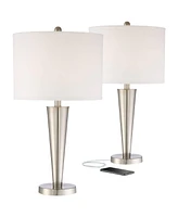 360 Lighting Geoff Modern Table Lamps 26" Tall Set of 2 with Usb Charging Port Brushed Nickel Metal White Drum Shade for Bedroom Living Room House Des