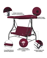 Costway Converting Outdoor Swing Canopy Hammock 3 Seats Patio Deck Furniture Wine Red