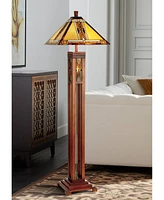 Robert Louis Tiffany Mission Rustic Tiffany Style Floor Lamp with Night Light 62.5" Tall Walnut Wood Column Square Geometric Stained Glass Shade Decor