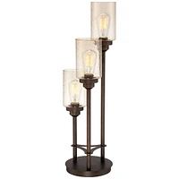 Franklin Iron Works Libby Modern Industrial Rustic Farmhouse Table Lamp 30" Tall Full Size Bronze Metal 3-Light Led Amber Seeded Cylinder Glass for Li