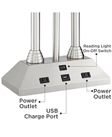 Dexter Modern Table Lamp 26" High with Usb and Ac Power Outlet in Base Brushed Nickel Led Reading Light White Linen Shade for Bedroom Living Room Hous