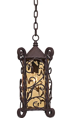 John Timberland Casa Seville Rustic Outdoor Hanging Ceiling Light Dark Walnut Scroll 15" Champagne Water Glass Damp Rated for Exterior House Porch Pat