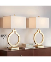 360 Lighting Modern Table Lamps 28 1/2" Tall Set of 2 with Usb Charging Port Brushed Gold Open Ring White Rectangular Shade for Bedroom Living Room Ho