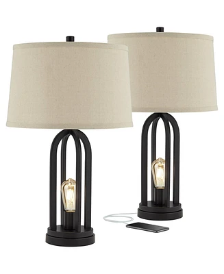 360 Lighting Marcel Modern Industrial Table Lamps 24 1/4" Tall Set of 2 with Led Nightlight Usb Port Black Metal Natural Linen Shade for Bedroom Livin