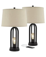 360 Lighting Marcel Modern Industrial Table Lamps 24 1/4" Tall Set of 2 with Led Nightlight Usb Port Black Metal Natural Linen Shade for Bedroom Livin