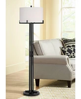 Franklin Iron Works Madrid Modern Industrial Floor Lamp Standing 64" Tall Matte Black Metal White Linen Hardback Drum Shade for Living Room Reading Be