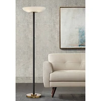Possini Euro Design Meridian Light Blaster Modern Style Torchiere Floor Lamp Led 72" Tall Black Antique Brass Metal White Glass Shade for Living Room