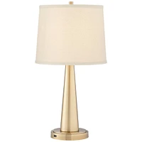 360 Lighting Karla Modern Table Lamps 25" Tall Set of 2 with Usb Charging Port Brass Gold Metal Beige Fabric Drum Shade for Bedroom Living Room House