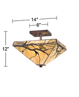 Robert Louis Tiffany Budding Branch Mission Tiffany Style Close To Ceiling Light Semi-Flush Mount Fixture Bronze 14" Wide Art Glass for House Bedroom
