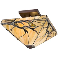 Robert Louis Tiffany Budding Branch Mission Tiffany Style Close To Ceiling Light Semi-Flush Mount Fixture Bronze 14" Wide Art Glass for House Bedroom