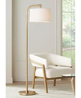 360 Lighting Serra Modern Art Deco Arc Floor Lamp Standing 64" Tall Warm Gold Metal White Linen Blend Fabric Tapered Drum Shade for Living Room Readin