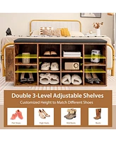Wooden Shoe Bench 10-Cube Storage Organizer with Padded Cushion & Umbrella Holder