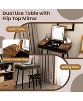 Costway Vanity Table Set Flip Top Mirror Lights Usb Port Cushioned Stool