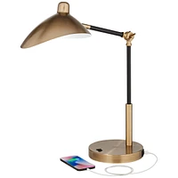 360 Lighting Colborne Mid Century Modern Industrial Desk Table Lamp Led with Usb Charging Port 28" Tall Antique Brass Black for Living Room Bedroom Ho