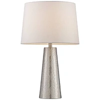 360 Lighting Modern Table Lamp 25 3/4" High Silver Leaf Hammered Textured Metal Off White Fabric Drum Shade Decor for Bedroom Living Room House Home B