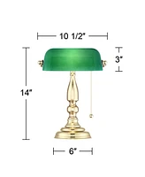 360 Lighting Hammond Traditional Piano Banker Mini Desk Table Lamp 14" High Brass Plating Green Glass Shade for Living Room Bedroom House Bedside Nigh