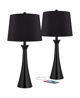 Karl Modern Table Lamps Set of 2 with Usb and Ac Power Outlet in Base 28 1/4" Tall Black Metal Faux-Silk Drum Shade for Bedroom Living Room Bedside Ni