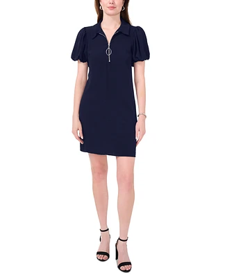 Msk Petite Collared Zip-Neck Puff-Sleeve Dress