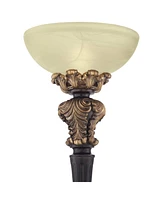 Barnes and Ivy Rita Traditional Victorian Torchiere Floor Lamp 75" Tall Carved Wood Amber Glass Shade Foot Dimmer Standing Light for Living Room Readi