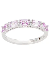 Suzy Levian New York Pink Sapphire & Lab-Grown White 5 Stone Emerald Cut Thin Half Band Ring Sterling Silver by