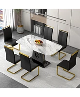 Streamdale Furniture 1 table and 6 chairs. Modern, simple and luxurious white imitation marble rectangular dining table and desk with 6 black Pu gold