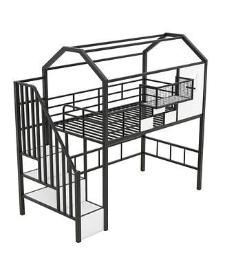 Simplie Fun Metal Loft Bed With Roof Design And A Storage Box, Twin