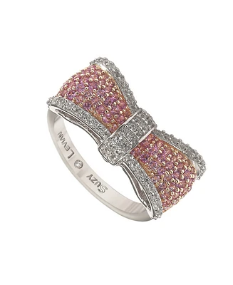 Suzy Levian New York Pink Sapphire & Lab-Grown White Pave Puff Bow Band Ring Sterling Silver by