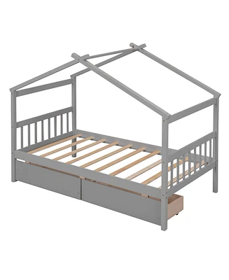 Simplie Fun Twin Size Wooden House Bed With Drawers