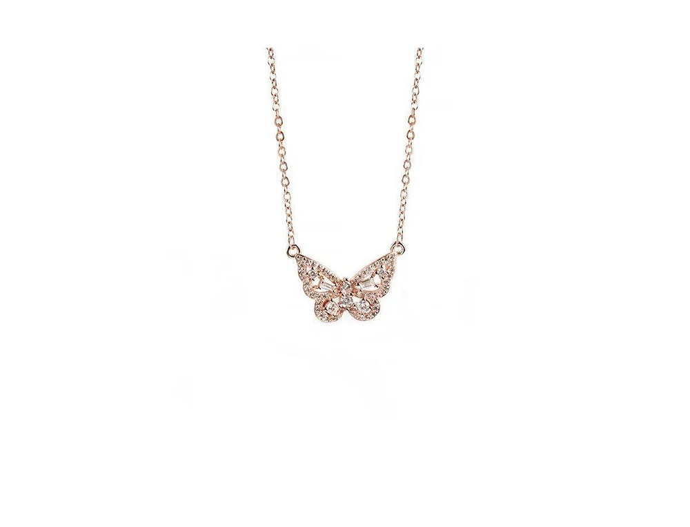 Hollywood Sensation Elegant 18k Rose Gold Butterfly Pendant Necklace with Sparkling Cubic Zirconia Stones