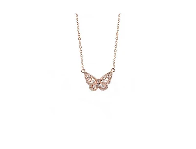 Hollywood Sensation Elegant 18k Rose Gold Butterfly Pendant Necklace with Sparkling Cubic Zirconia Stones