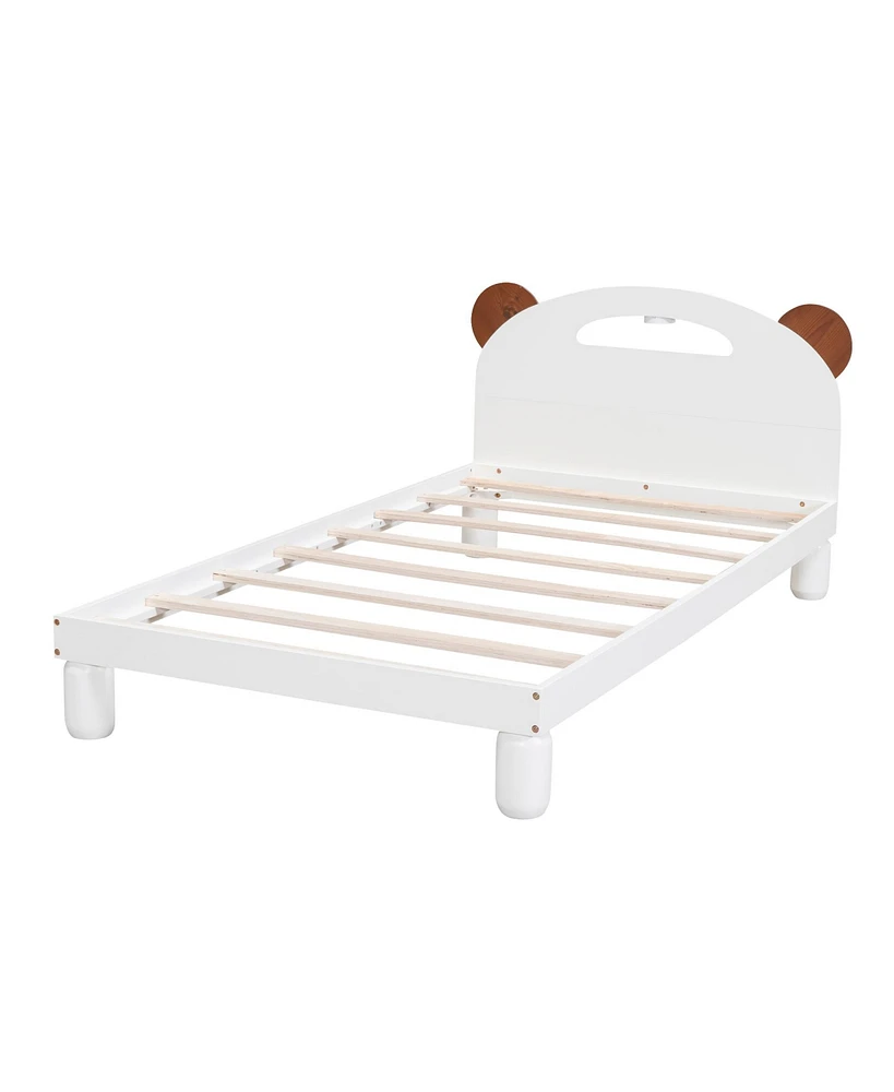 Simplie Fun Twin Size Platform Bed With Bear Ears Shaped Headboard And Led White