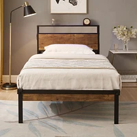 Metal Platform Bed Frame with Wooden Headboard and Usb Liner