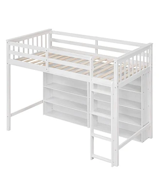 Simplie Fun Twin Size Loft Bed With 8 Open Storage Shelves And Builtin Ladder, White