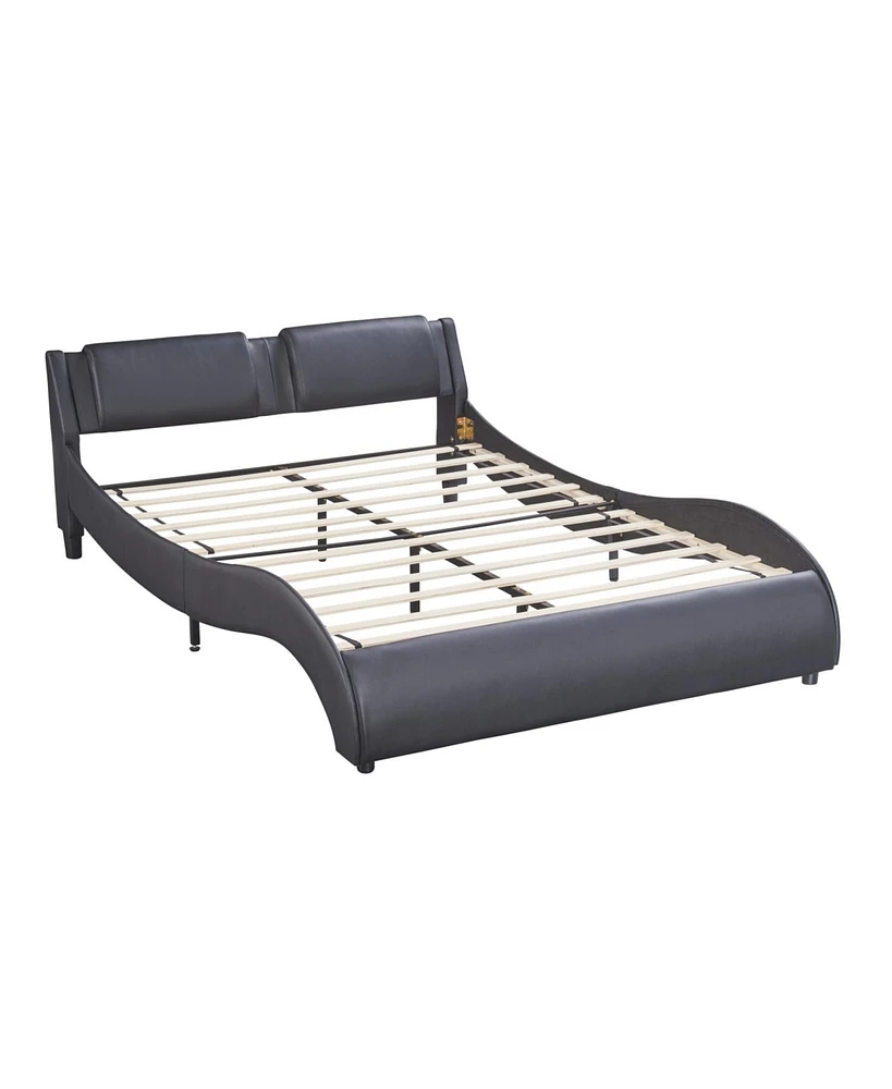 Simplie Fun Full Size Upholstered Pu Leather Platform Bed With Led Light Bed Frame With Slatted