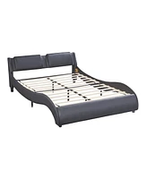 Simplie Fun Full Size Upholstered Pu Leather Platform Bed With Led Light Bed Frame With Slatted
