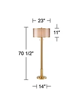 Possini Euro Design Granview Mid Century Modern Standing Floor Lamp 70 1/2" Tall Antique Brass Sheer Organza Outer Linen Inner Drum Shade for Living R