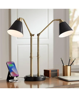 Possini Euro Design Sentry Mid Century Modern Desk Lamp 23" High with Usb Charging Port Black Brass Gold Metal Led Adjustable Cone Shade for Living Ro