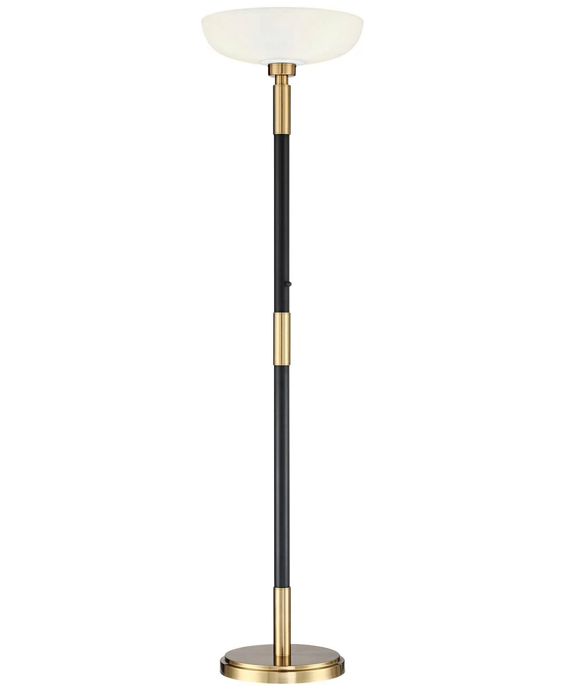 Possini Euro Design Cameron Light Blaster Modern Torchiere Floor Lamp Led 72.25" Tall Warm Antique Brass Matte Black Opal Glass Bowl Pole Light for Li