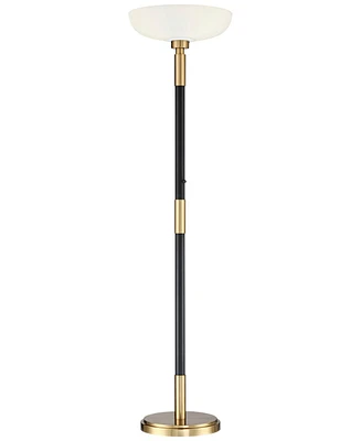 Possini Euro Design Cameron Light Blaster Modern Torchiere Floor Lamp Led 72.25" Tall Warm Antique Brass Matte Black Opal Glass Bowl Pole Light for Li