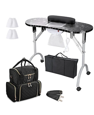 Byootique Folding Manicure Table Nail Polish Case Kit with Built-in Dust Collector Lockable Wheel for Nail Beauty Artist Spa Salon