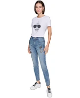 Karl Lagerfeld Paris Women's Super Stretch Embellished Straight-Leg Patch Jeans