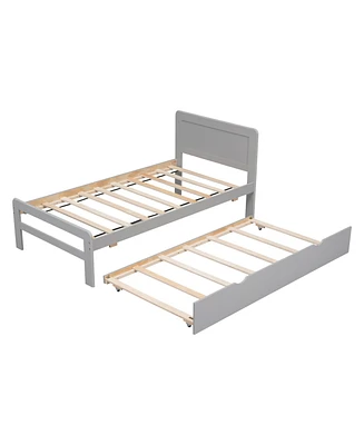 Simplie Fun Modern Design Twin Size Platform Bed Frame With Trundle For Grey Color