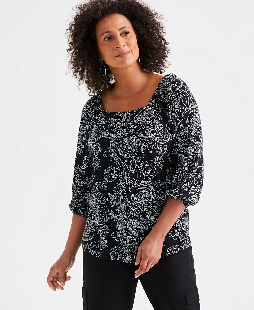 Style & Co Petite Printed Square-Neck 3/4-Sleeve Blouse, Created for Macy's