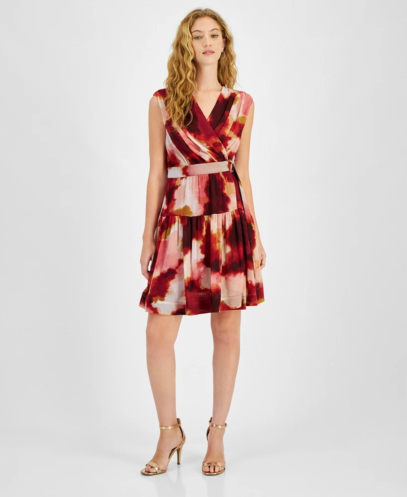 Taylor Women's Printed Chiffon Belted Dress