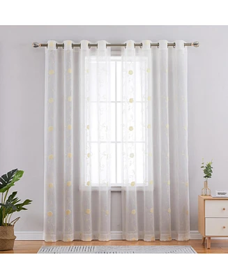 Caromio Floral Embroidered Grommet Voile Sheer Window Curtain Panels