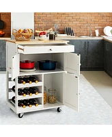 Kitchen Cart with Rubber Wood Top 3 Tier Wine Racks 2 Cabinets