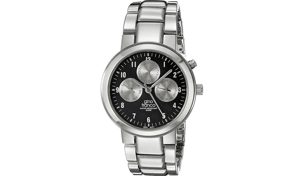 Gino Franco Men's Round Stainless Steel Multi-Function Watch with Day, Date Subdials and Bracelet