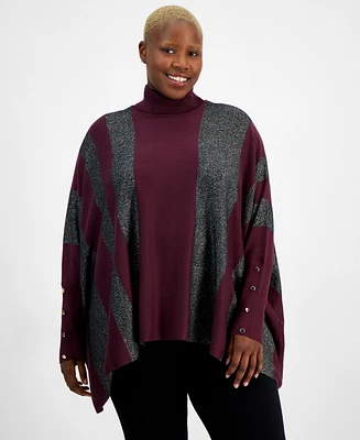 Jm Collection Plus Size Lurex-Striped Turtleneck Poncho Sweater, Created for Macy's